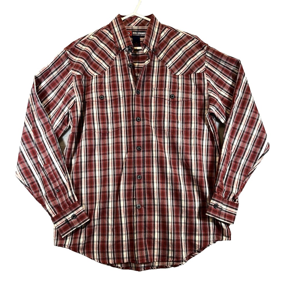 Reel Legends Performance Shirt Mens Medium‎ Red Button Down Pockets Long Sleeve